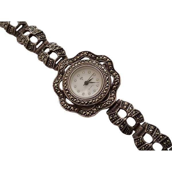 Vintage Saat Gümüş Saat Markazit işlemeli Gümüş Kol Saati Old Vintage 925 Silver Marcasite Stone Watch