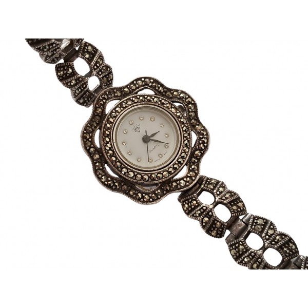 Vintage Saat Gümüş Saat Markazit işlemeli Gümüş Kol Saati Old Vintage 925 Silver Marcasite Stone Watch